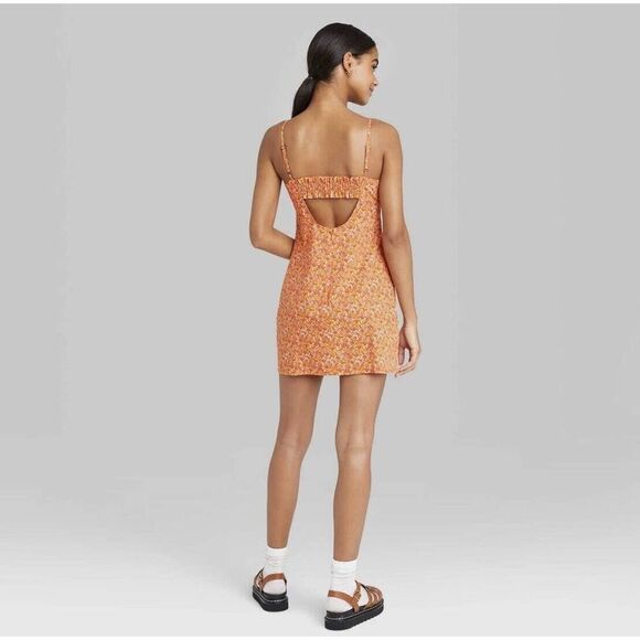 Wild Fable Sleeveless Floral Woven Bodycon Mini Dress Square Neck Cutout Orange - Picture 15 of 15
